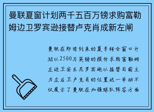 曼联夏窗计划两千五百万镑求购富勒姆边卫罗宾逊接替卢克肖成新左闸